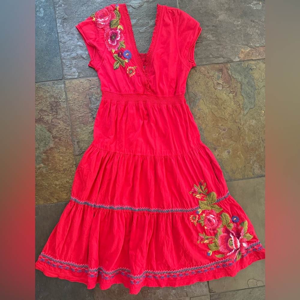 Johnny Was LA  Women’s Embroidered red Floral  (altered)  Midi Dress X-Small